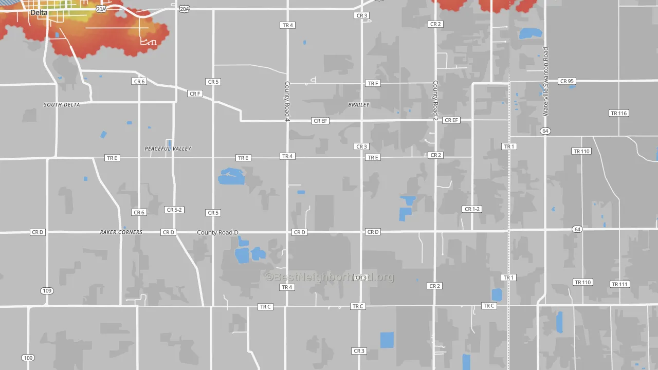Walk Grade map of Brailey, OH, walkable areas in green and car-dependent areas in red