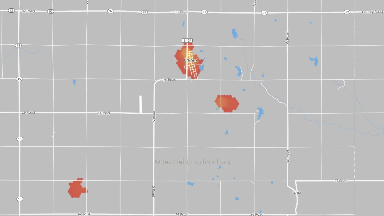 Walk Grade map of Brainard, NE, walkable areas in green and car-dependent areas in red