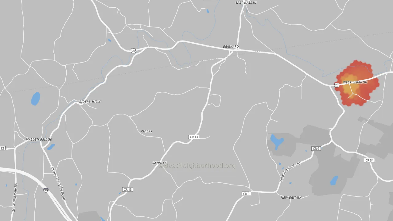 Walk Grade map of Brainard, NY, walkable areas in green and car-dependent areas in red
