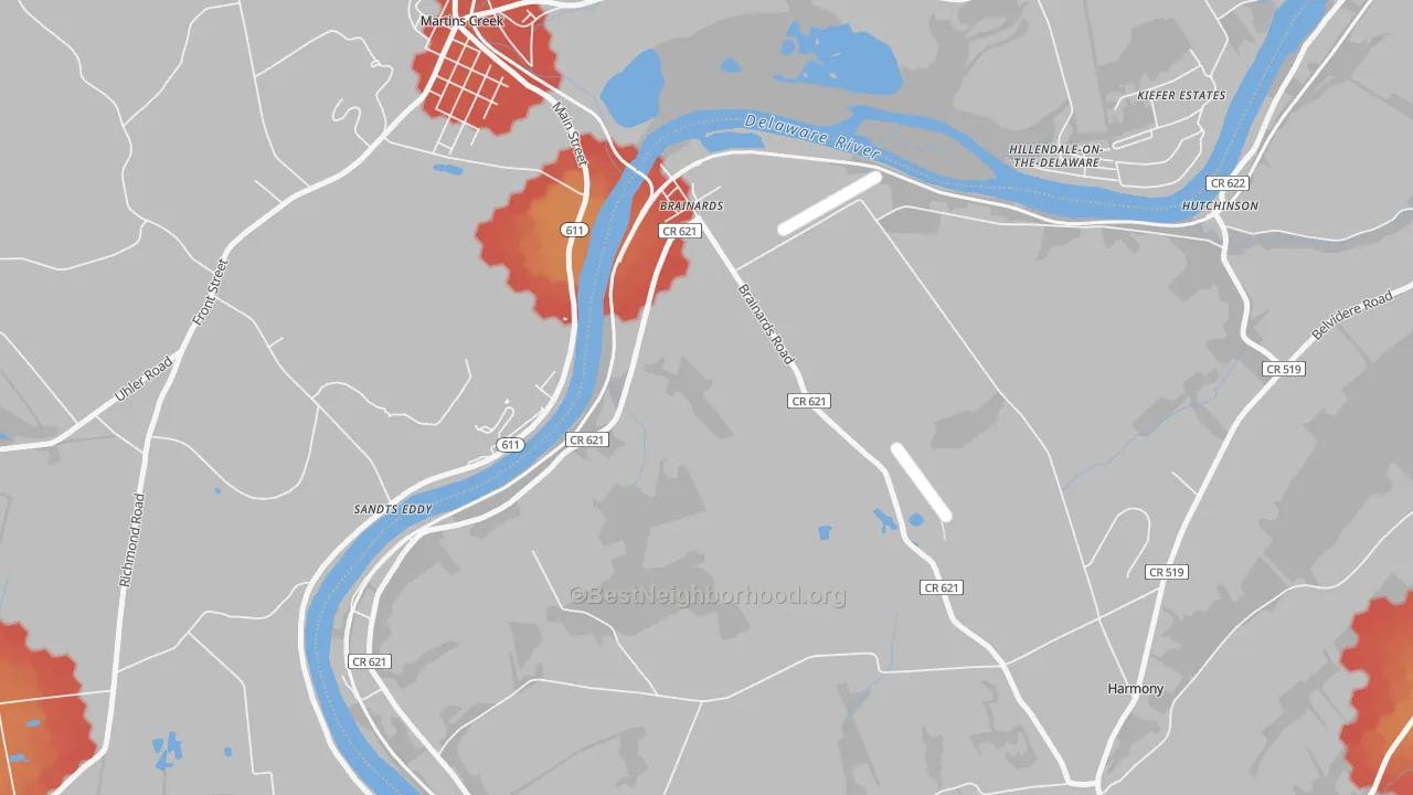 Walk Grade map of Brainards, NJ, walkable areas in green and car-dependent areas in red