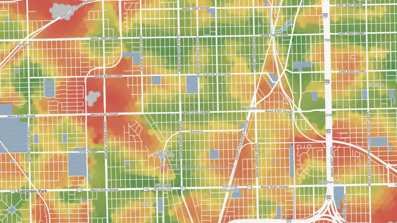 Walk Grade map of Brainerd, Chicago, IL, walkable areas in green and car-dependent areas in red