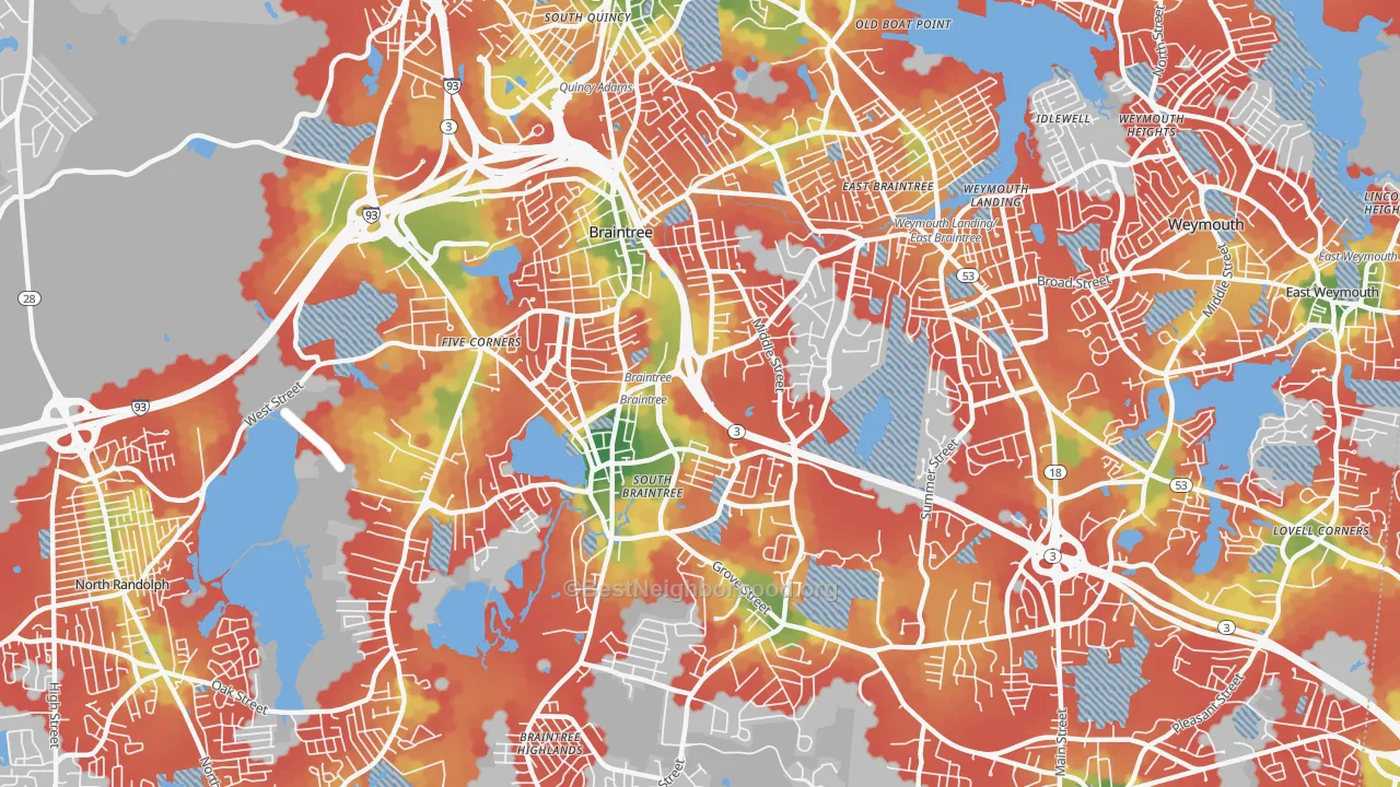 Walk Grade map of Braintree Town, MA, walkable areas in green and car-dependent areas in red