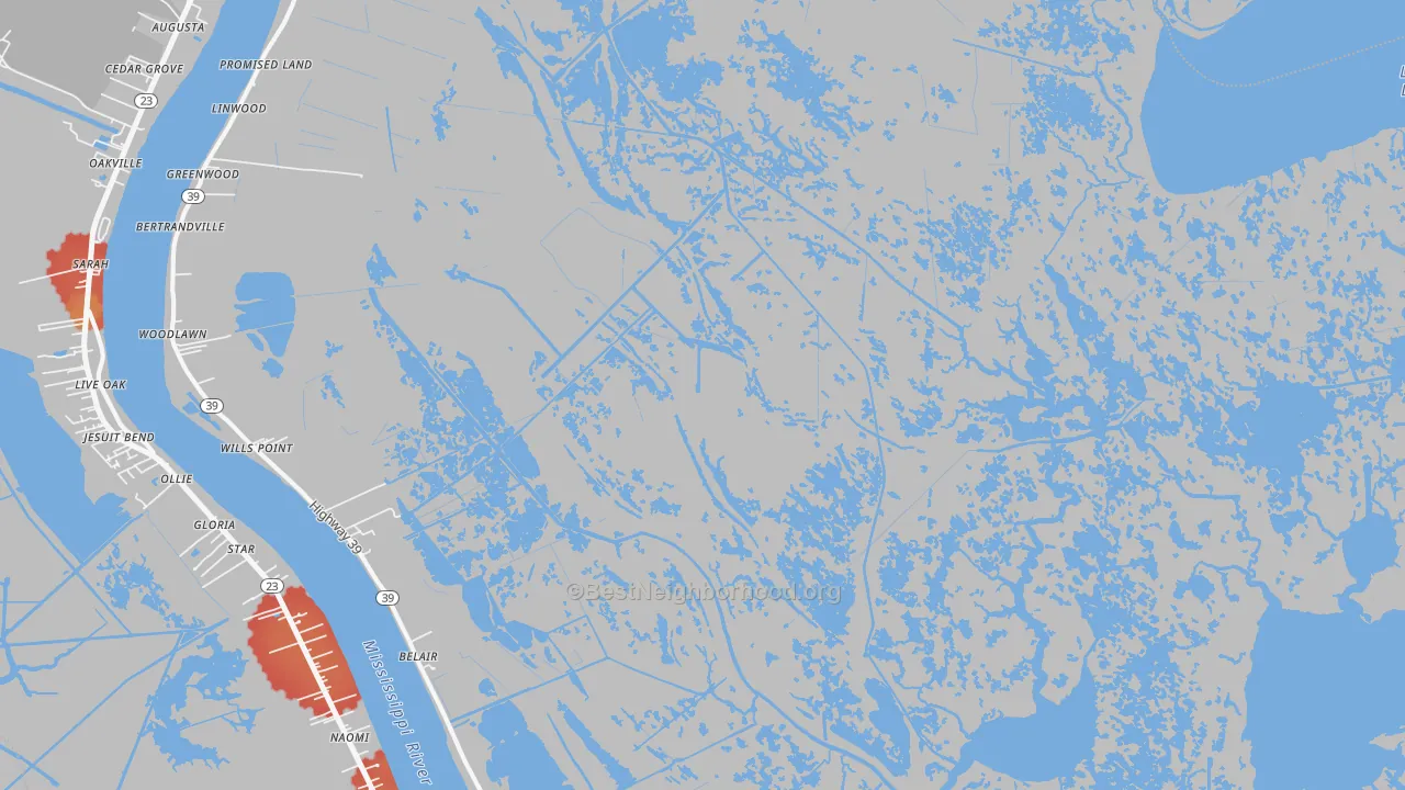 Walk Grade map of Braithwaite, LA, walkable areas in green and car-dependent areas in red