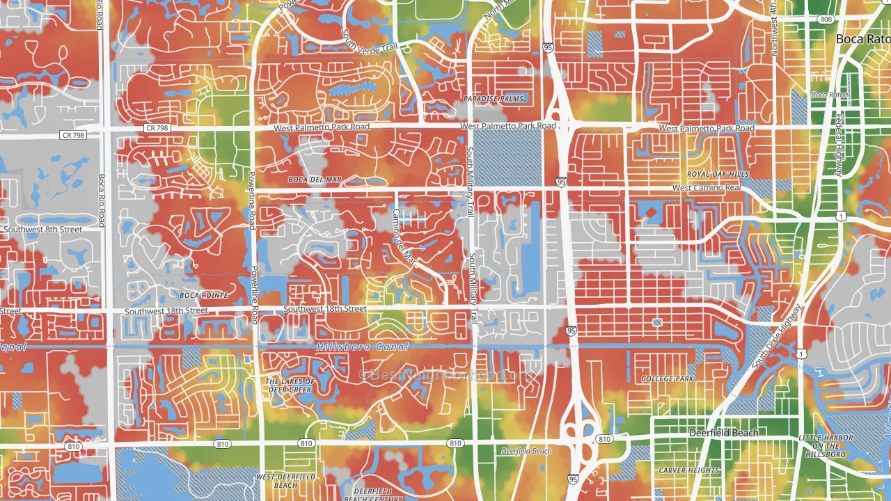 Walk Grade map of Bramalea, Boca Raton, FL, walkable areas in green and car-dependent areas in red
