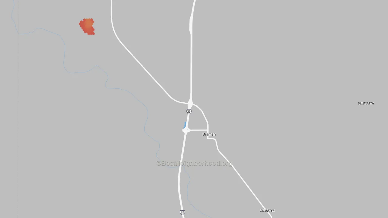 Walk Grade map of Braman, OK, walkable areas in green and car-dependent areas in red