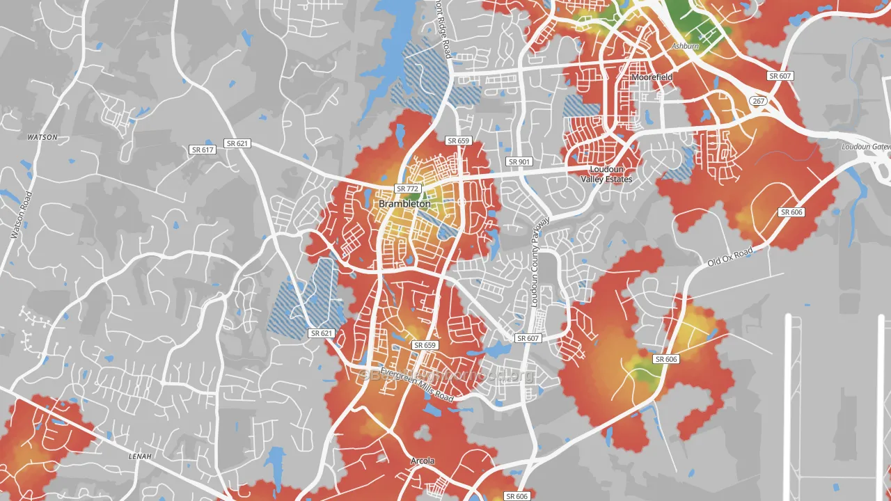 Walk Grade map of Brambleton, VA, walkable areas in green and car-dependent areas in red