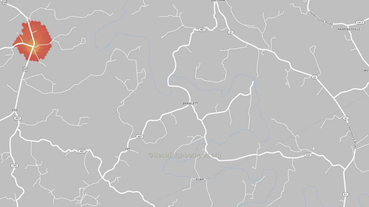 Walk Grade map of Bramlett, KY, walkable areas in green and car-dependent areas in red