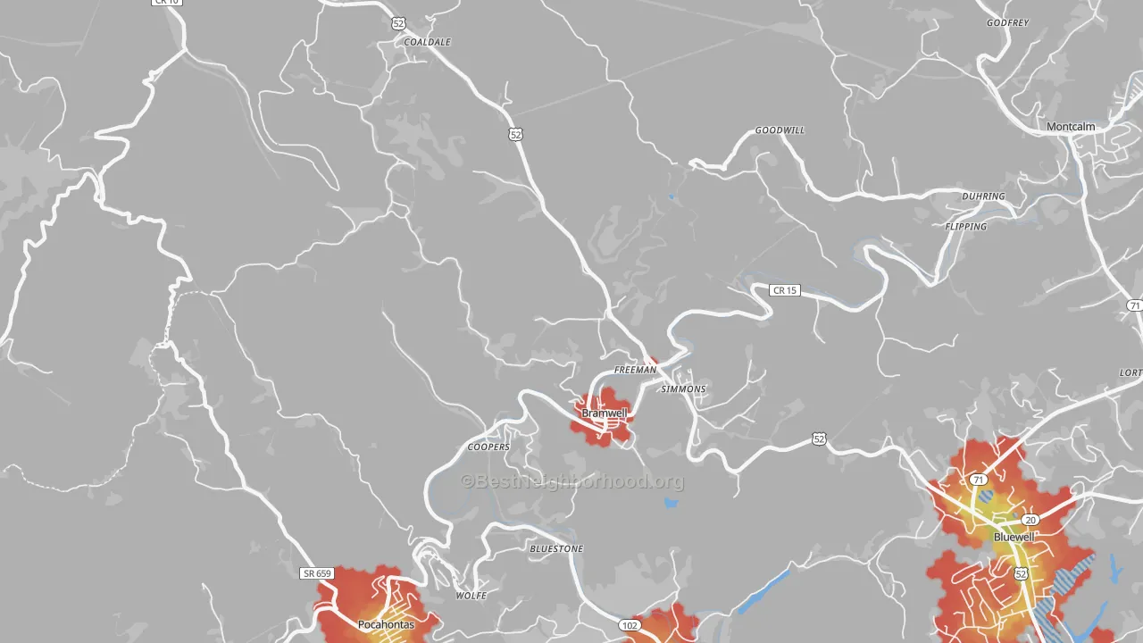 Walk Grade map of Bramwell, WV, walkable areas in green and car-dependent areas in red
