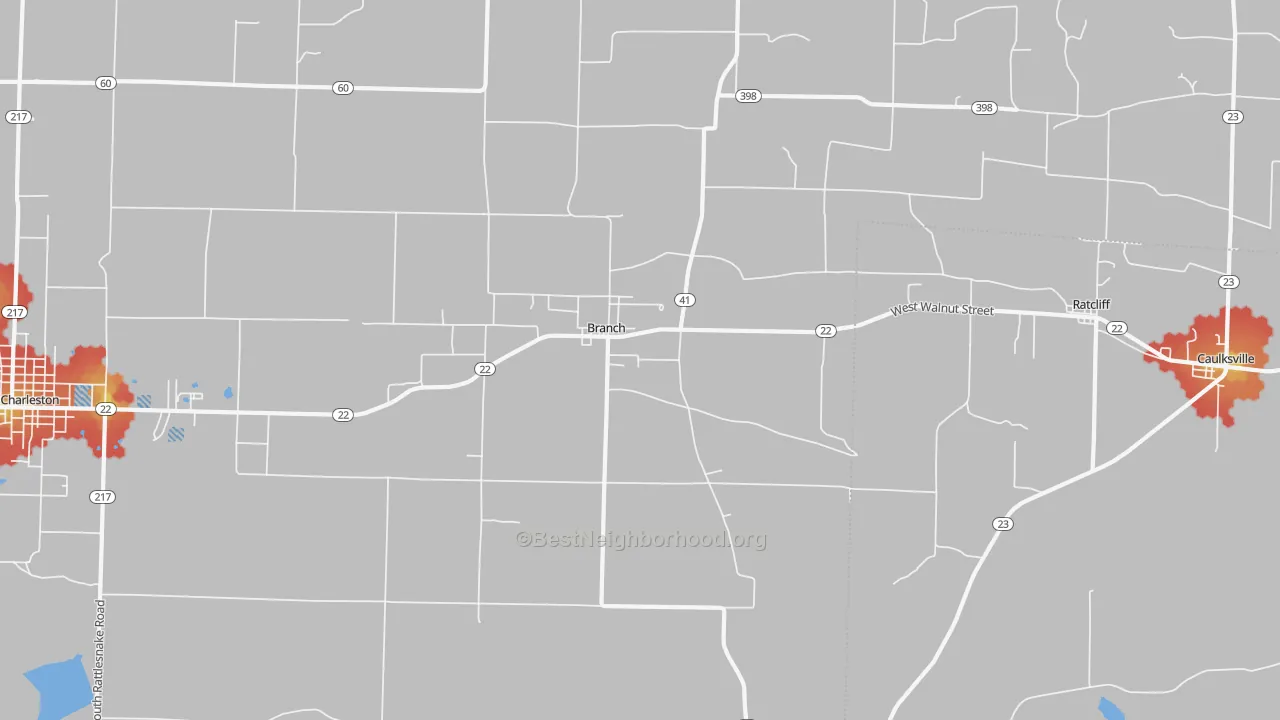 Walk Grade map of Branch, AR, walkable areas in green and car-dependent areas in red