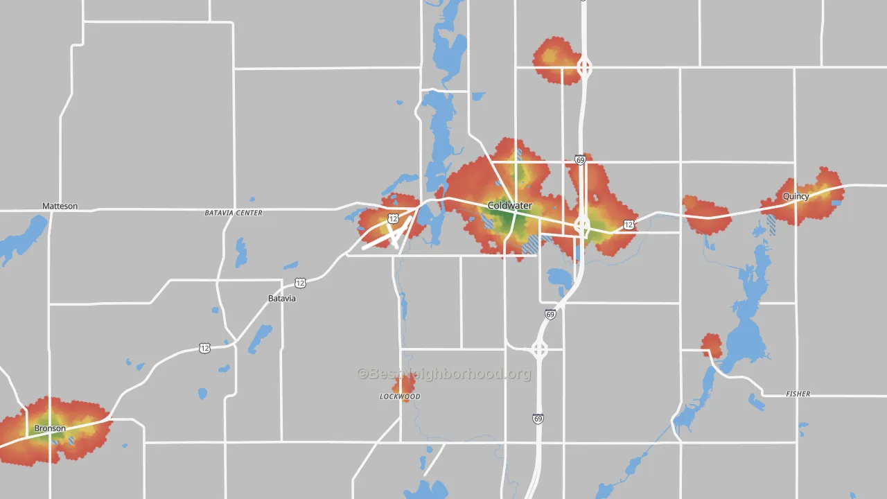 Walk Grade map of Branch County, MI, walkable areas in green and car-dependent areas in red