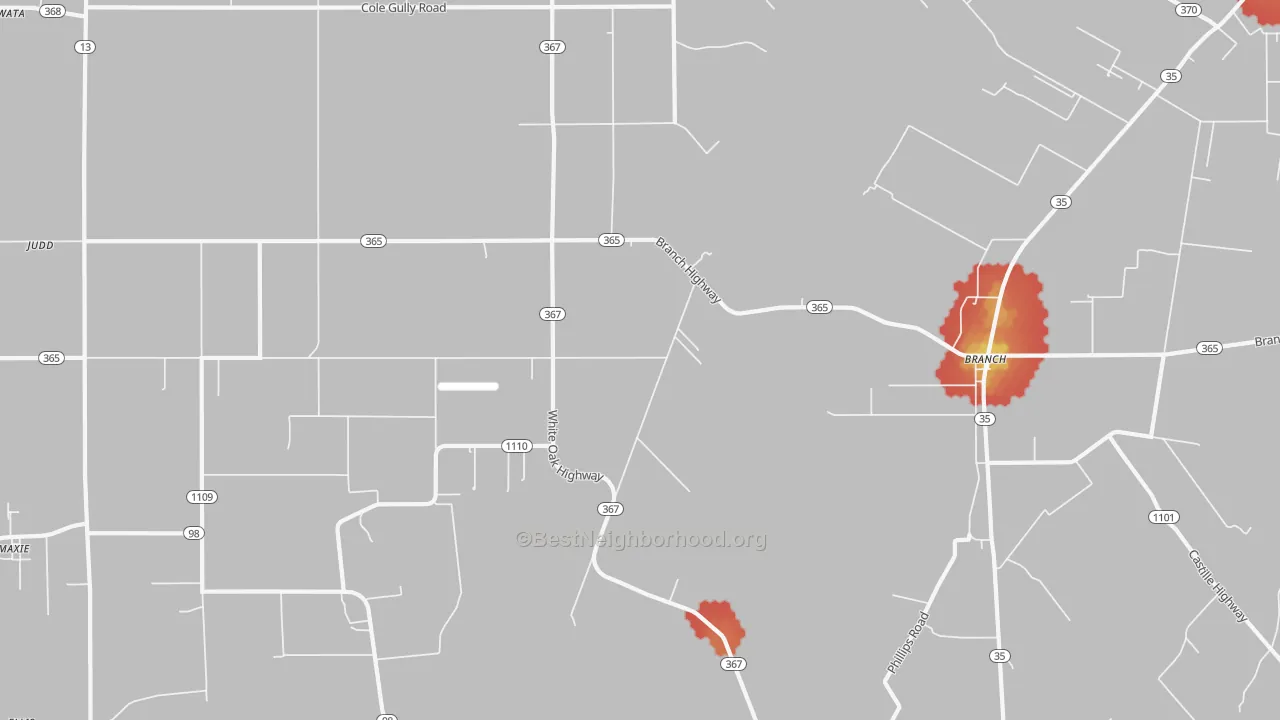 Walk Grade map of Branch, LA, walkable areas in green and car-dependent areas in red