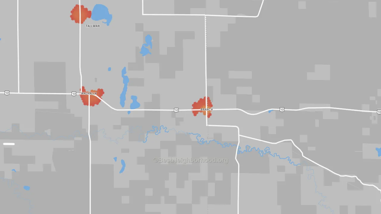 Walk Grade map of Branch, MI, walkable areas in green and car-dependent areas in red