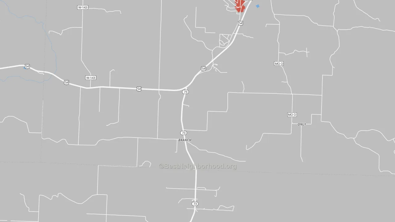 Walk Grade map of Branch, MO, walkable areas in green and car-dependent areas in red