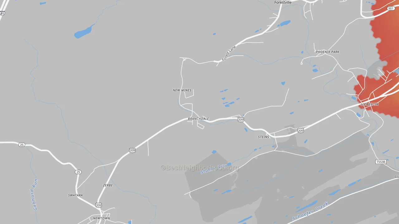 Walk Grade map of Branchdale, PA, walkable areas in green and car-dependent areas in red