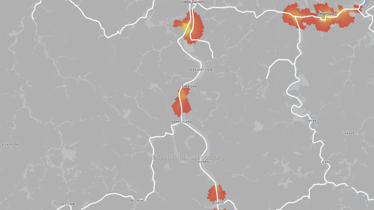 Walk Grade map of Branchland, WV, walkable areas in green and car-dependent areas in red