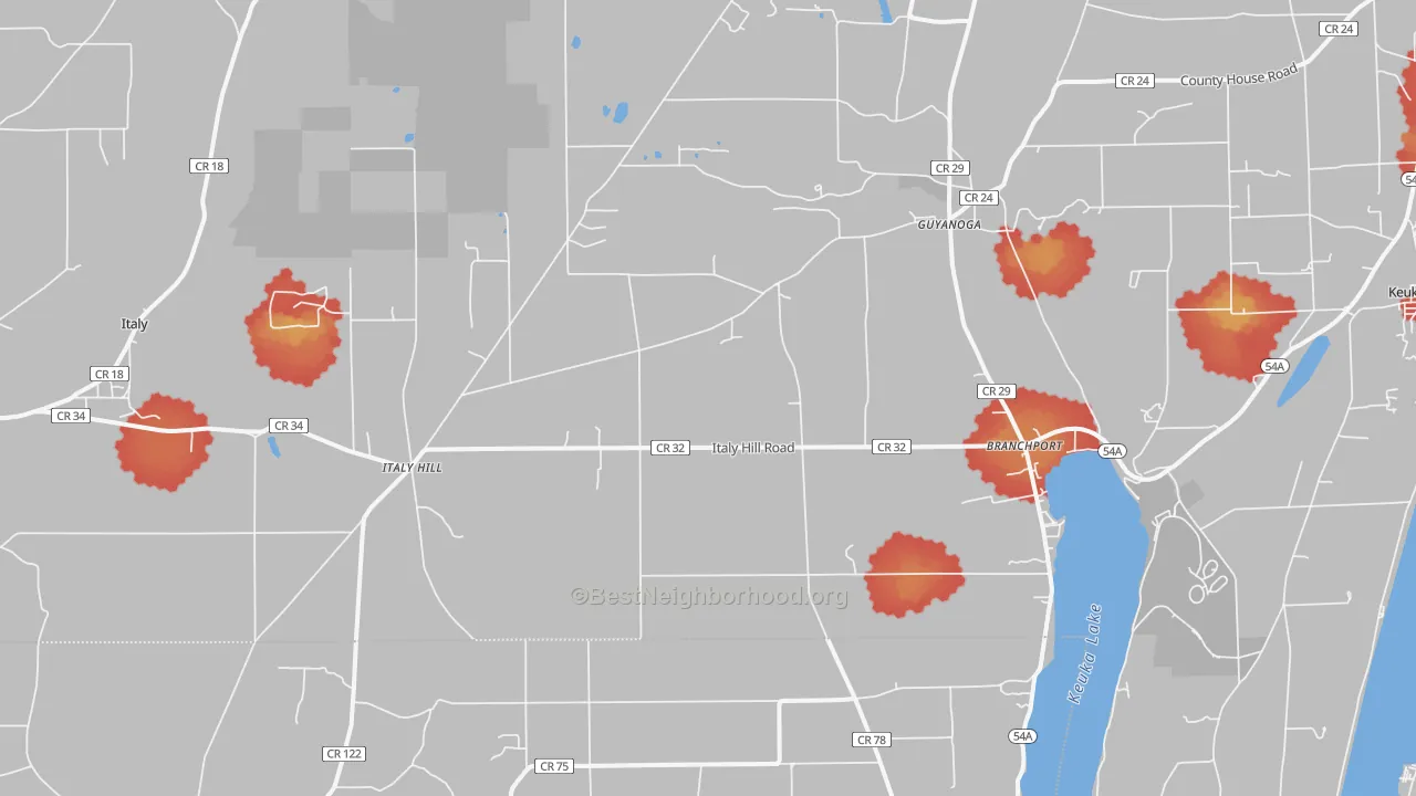 Walk Grade map of Branchport, NY, walkable areas in green and car-dependent areas in red
