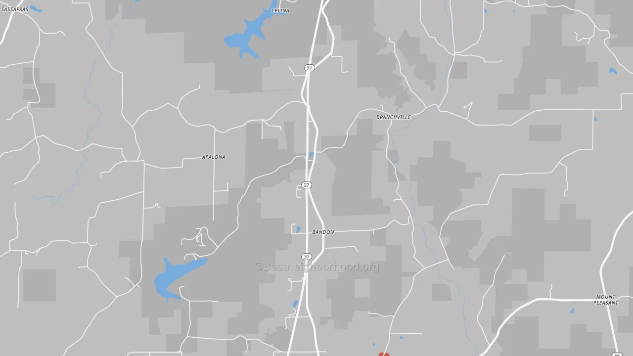 Walk Grade map of Branchville, IN, walkable areas in green and car-dependent areas in red