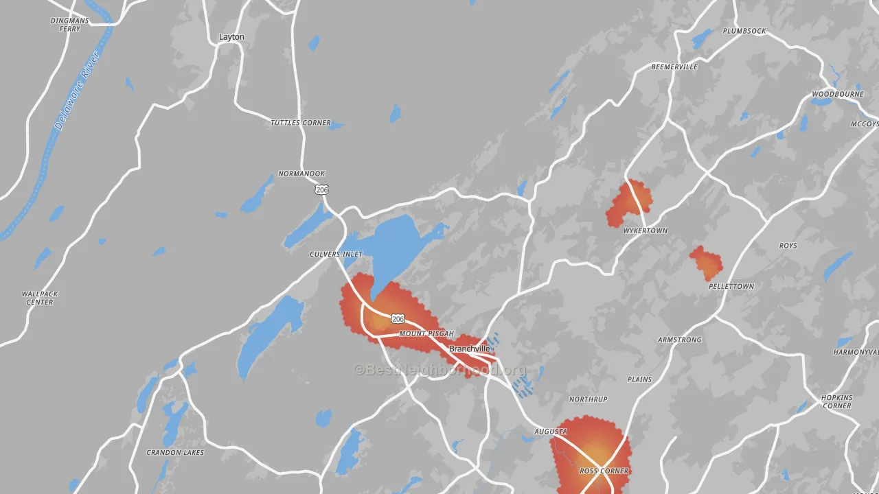 Walk Grade map of Branchville, NJ, walkable areas in green and car-dependent areas in red