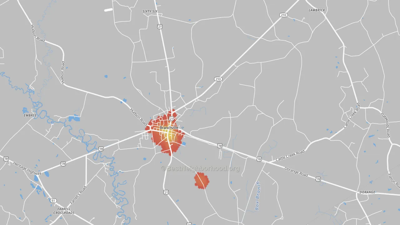 Walk Grade map of Branchville, SC, walkable areas in green and car-dependent areas in red