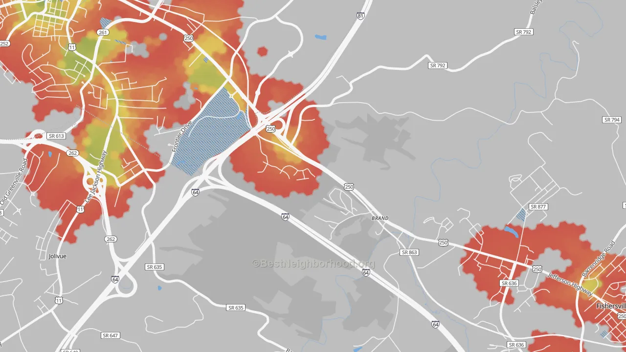 Walk Grade map of Brand, VA, walkable areas in green and car-dependent areas in red