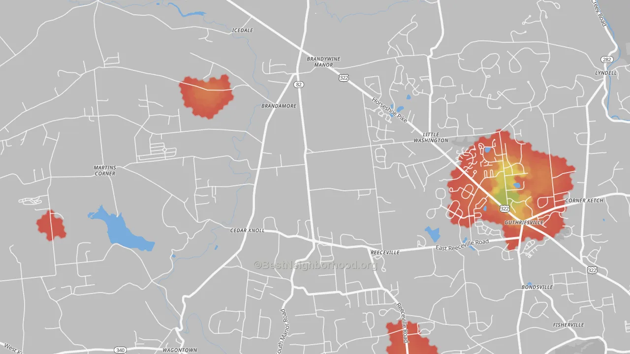 Walk Grade map of Brandamore, PA, walkable areas in green and car-dependent areas in red