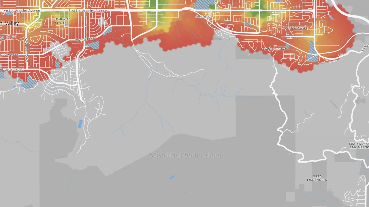 Walk Grade map of Brandeis, CA, walkable areas in green and car-dependent areas in red