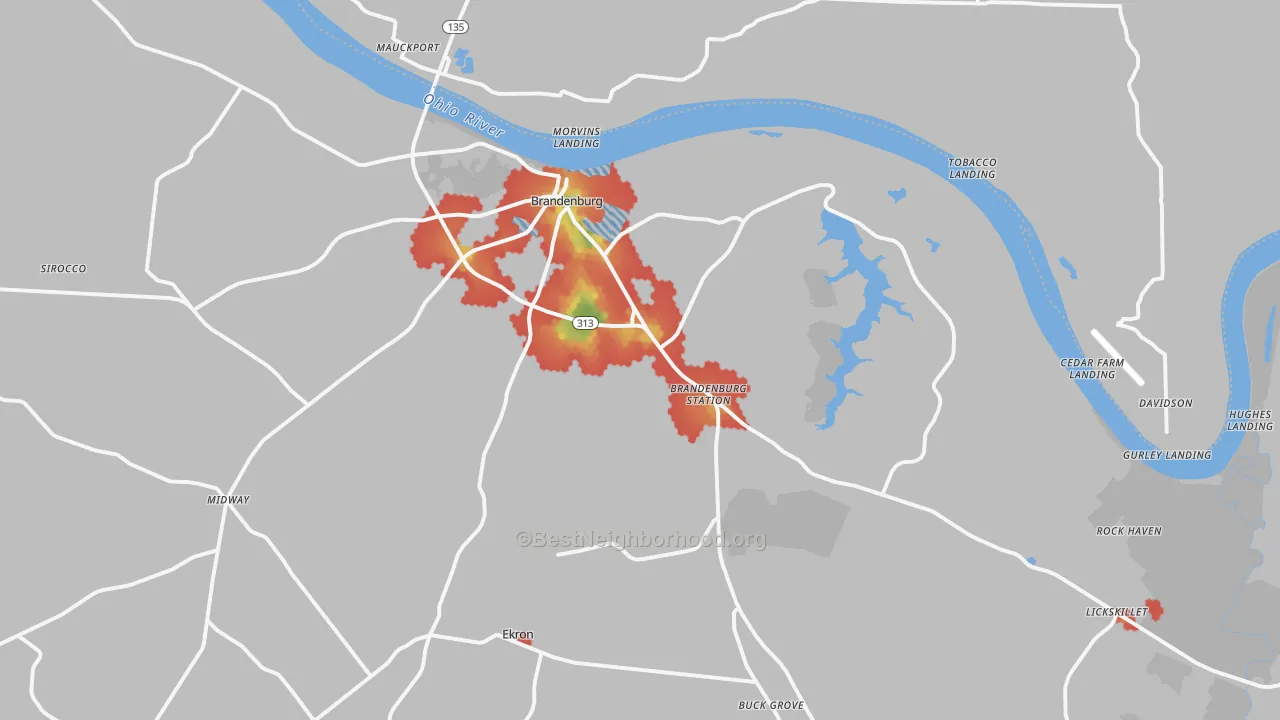Walk Grade map of Brandenburg, KY, walkable areas in green and car-dependent areas in red