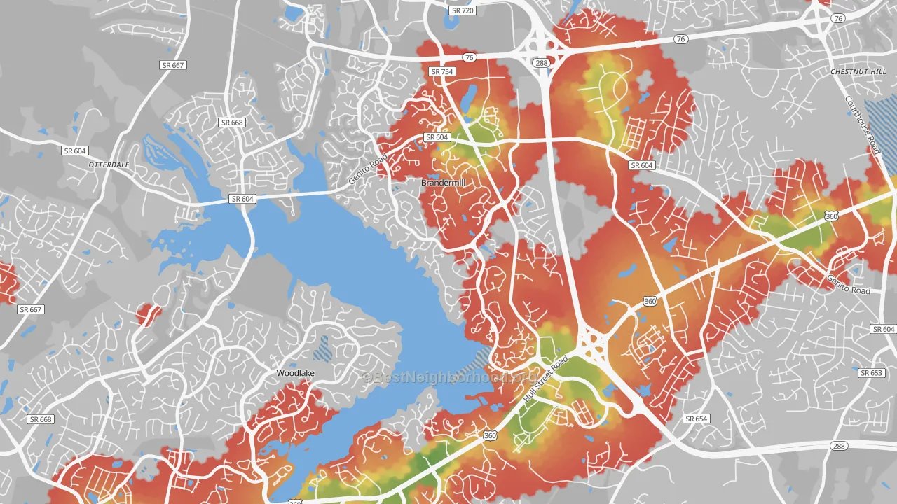 Walk Grade map of Brandermill, VA, walkable areas in green and car-dependent areas in red