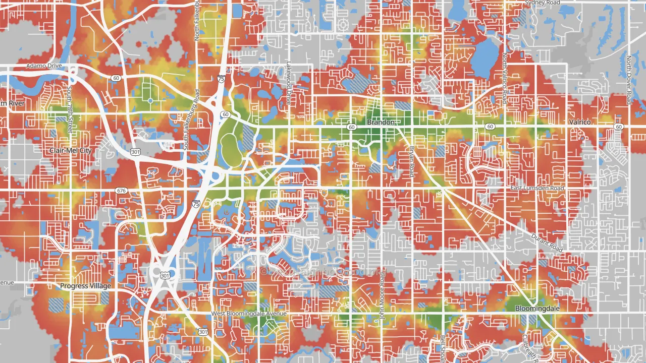 Walk Grade map of Brandon, FL, walkable areas in green and car-dependent areas in red