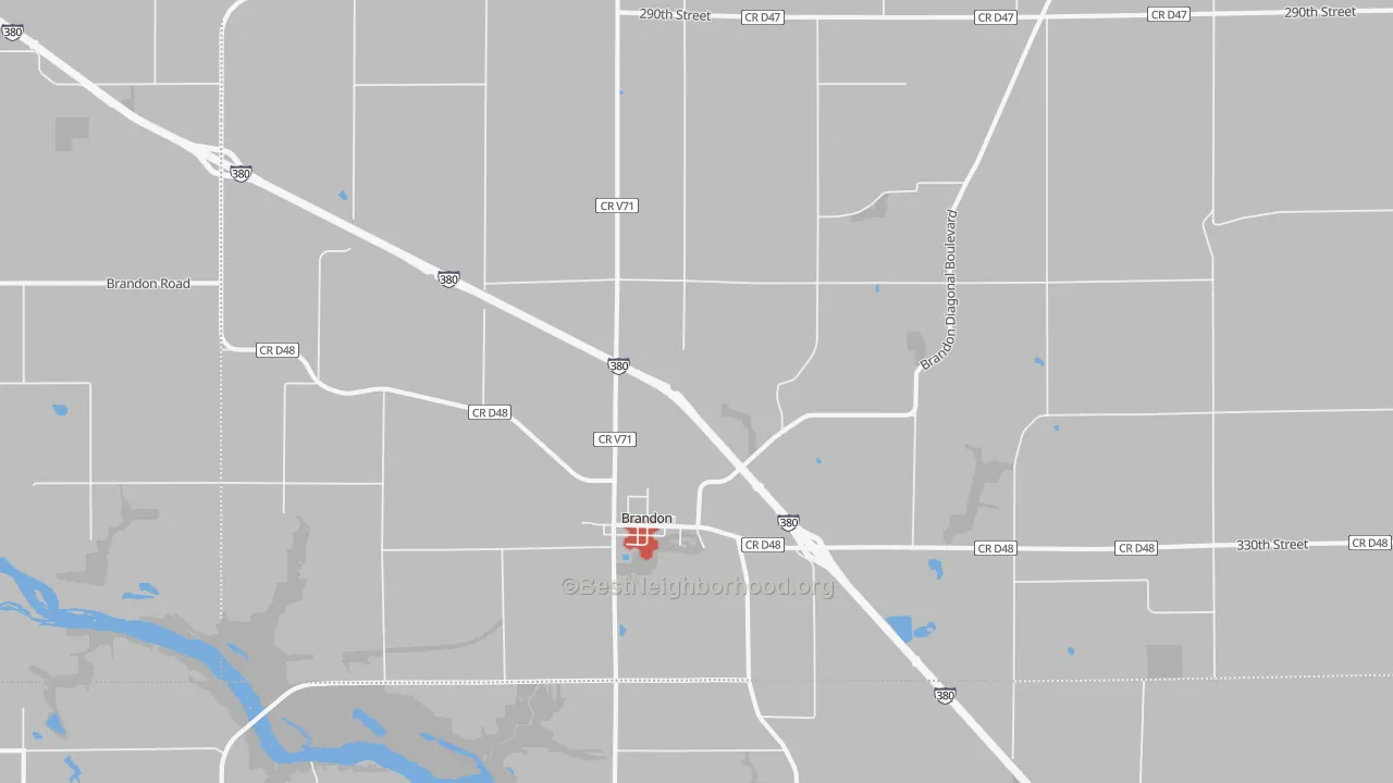 Walk Grade map of Brandon, IA, walkable areas in green and car-dependent areas in red
