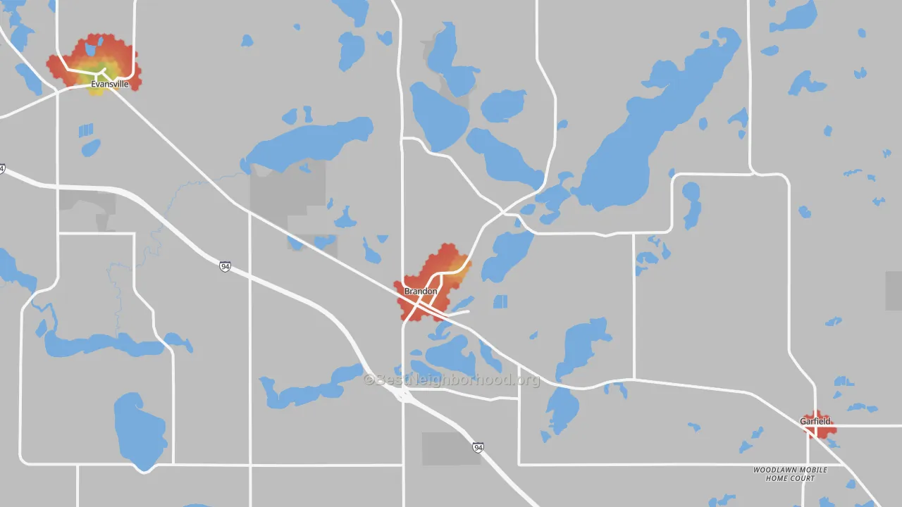 Walk Grade map of Brandon, MN, walkable areas in green and car-dependent areas in red