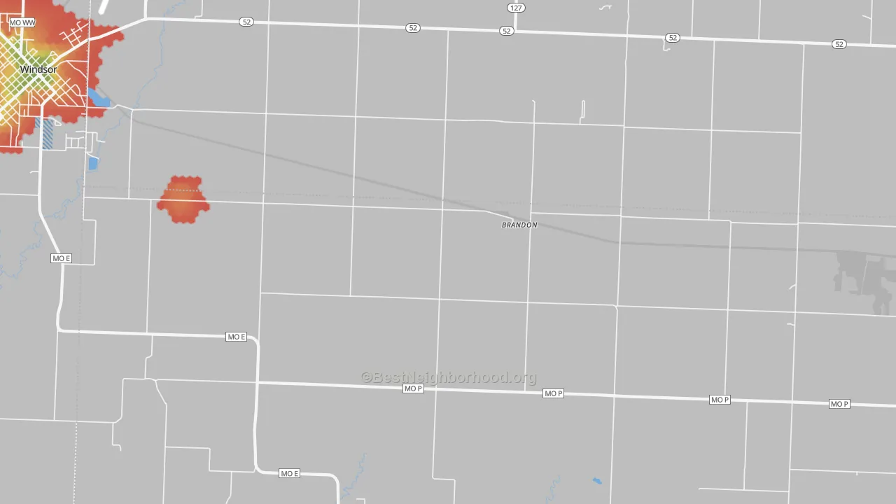 Walk Grade map of Brandon, MO, walkable areas in green and car-dependent areas in red