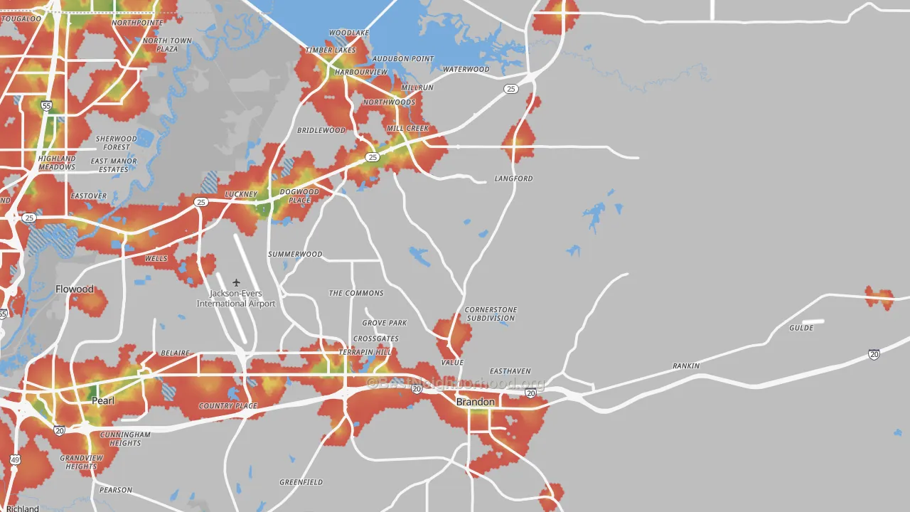 Walk Grade map of Brandon, MS, walkable areas in green and car-dependent areas in red