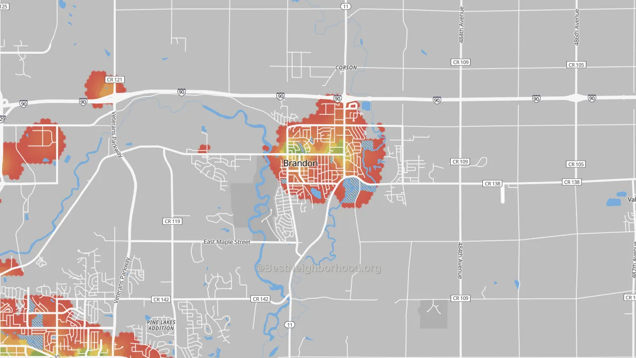 Walk Grade map of Brandon, SD, walkable areas in green and car-dependent areas in red