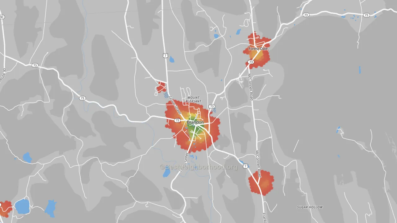Walk Grade map of Brandon, VT, walkable areas in green and car-dependent areas in red