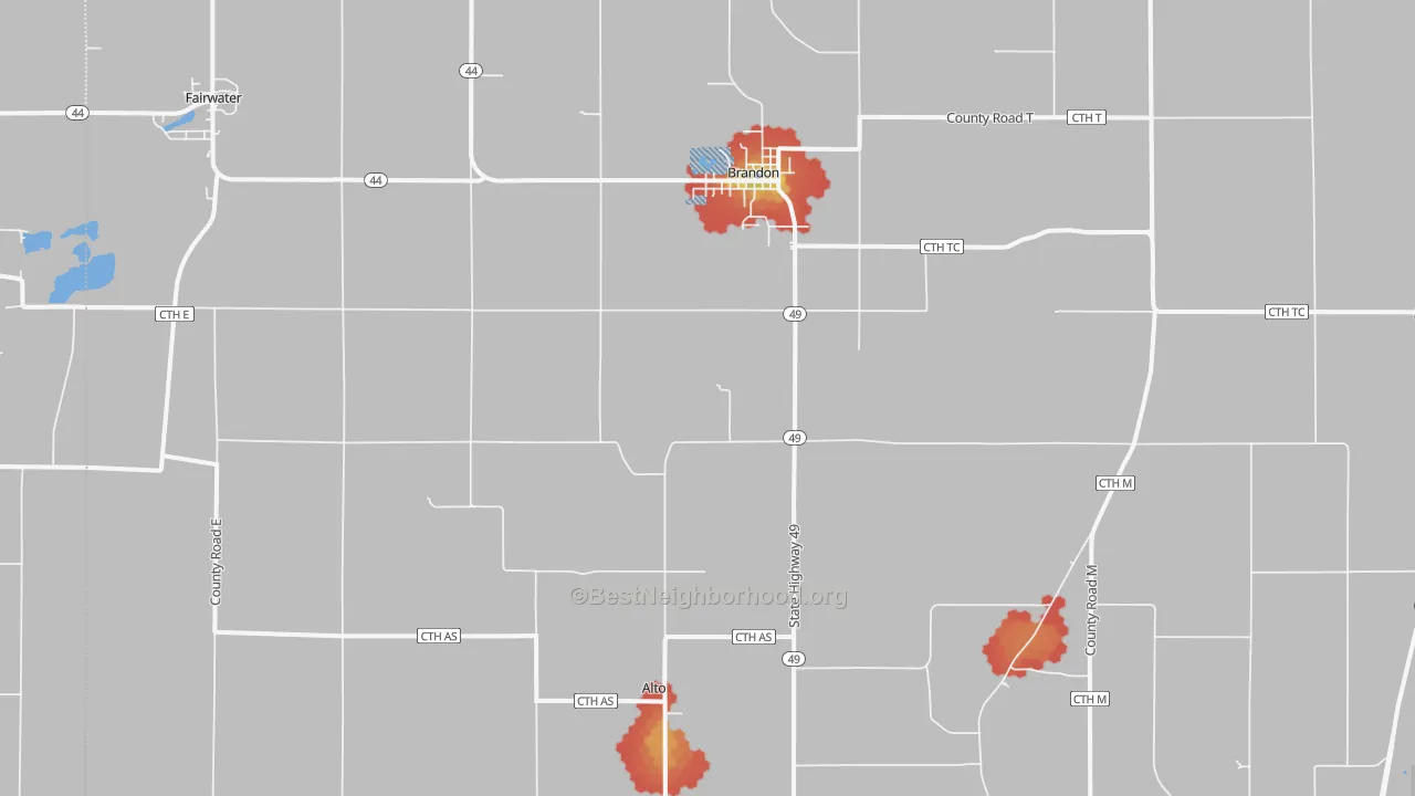 Walk Grade map of Brandon, WI, walkable areas in green and car-dependent areas in red