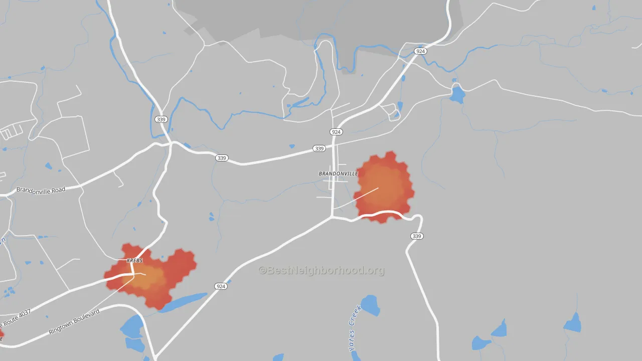 Walk Grade map of Brandonville, PA, walkable areas in green and car-dependent areas in red