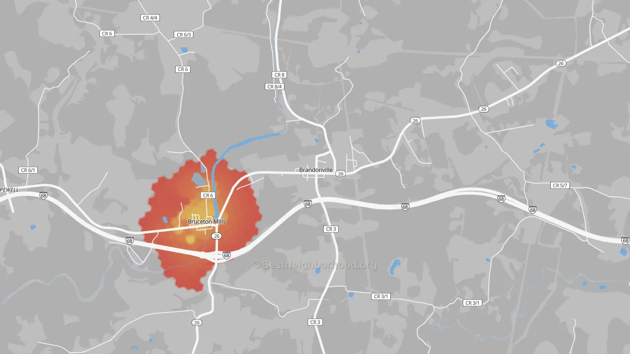 Walk Grade map of Brandonville, WV, walkable areas in green and car-dependent areas in red