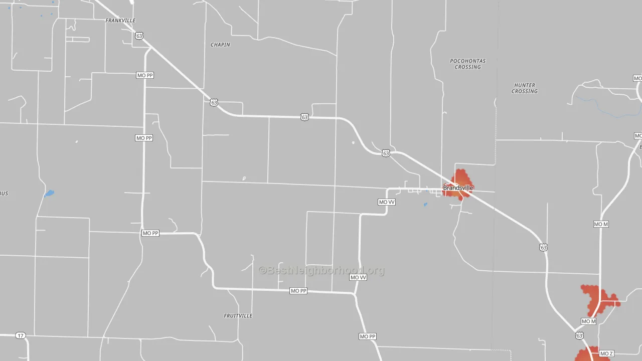 Walk Grade map of Brandsville, MO, walkable areas in green and car-dependent areas in red
