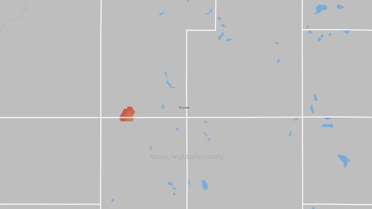 Walk Grade map of Brandt, SD, walkable areas in green and car-dependent areas in red