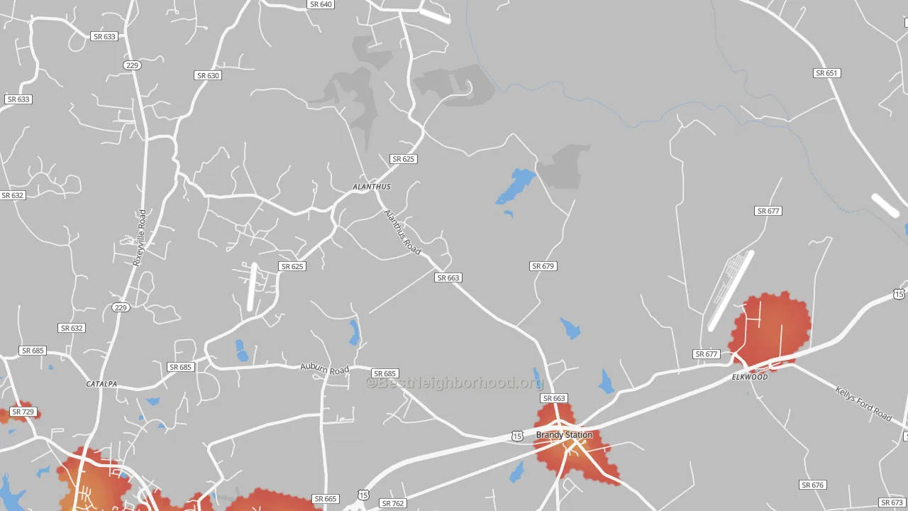 Walk Grade map of Brandy Station, VA, walkable areas in green and car-dependent areas in red