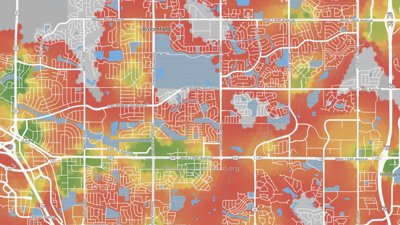 Walk Grade map of Brandywine, Broomfield, CO, walkable areas in green and car-dependent areas in red