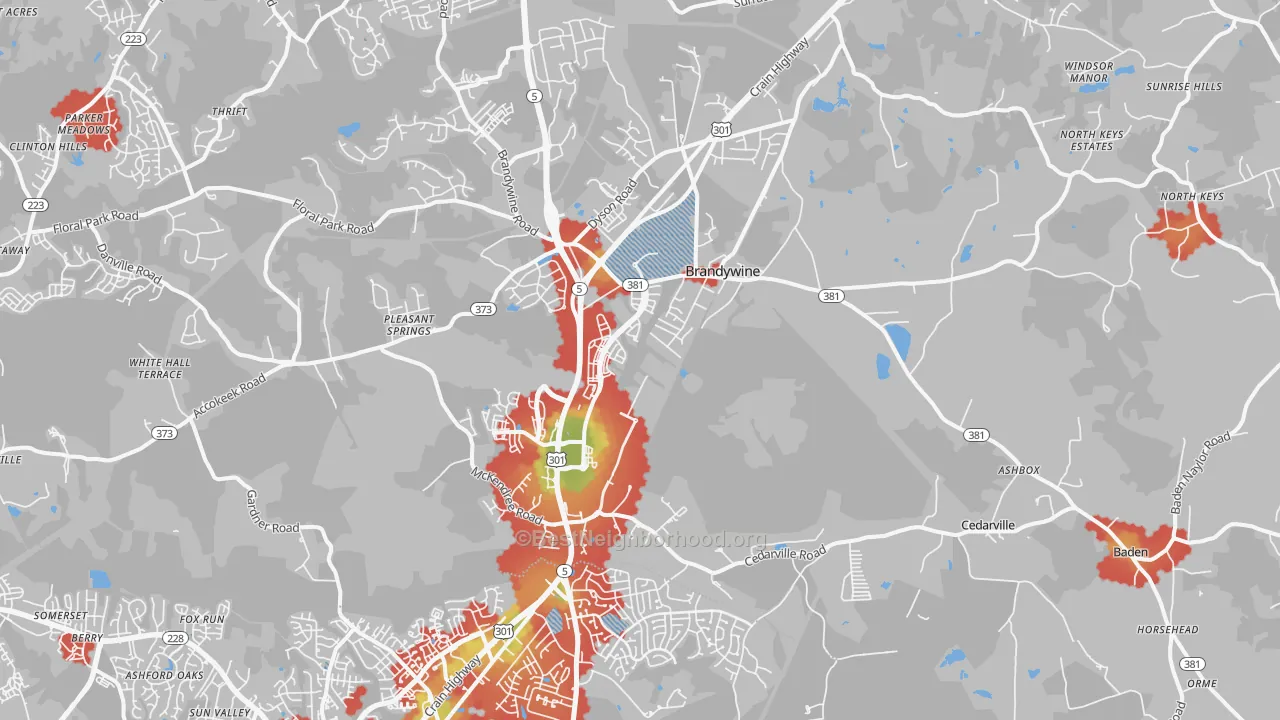 Walk Grade map of Brandywine, MD, walkable areas in green and car-dependent areas in red