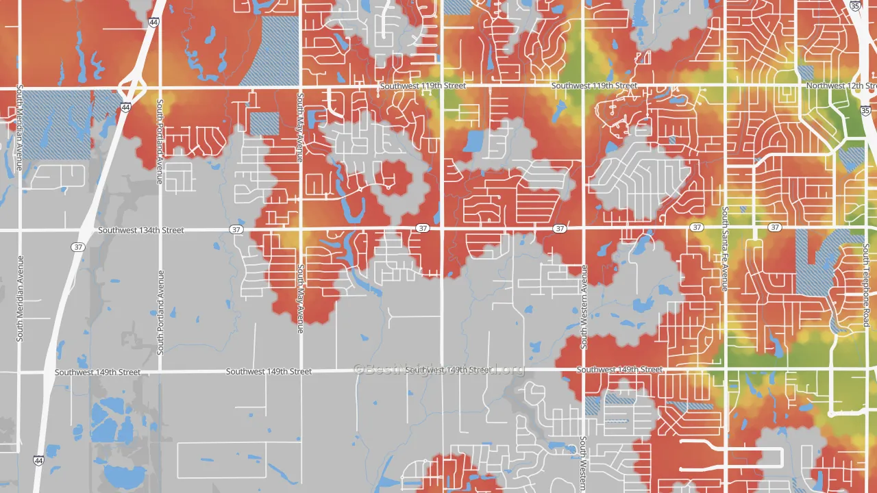 Walk Grade map of Brandywine, Oklahoma City, OK, walkable areas in green and car-dependent areas in red