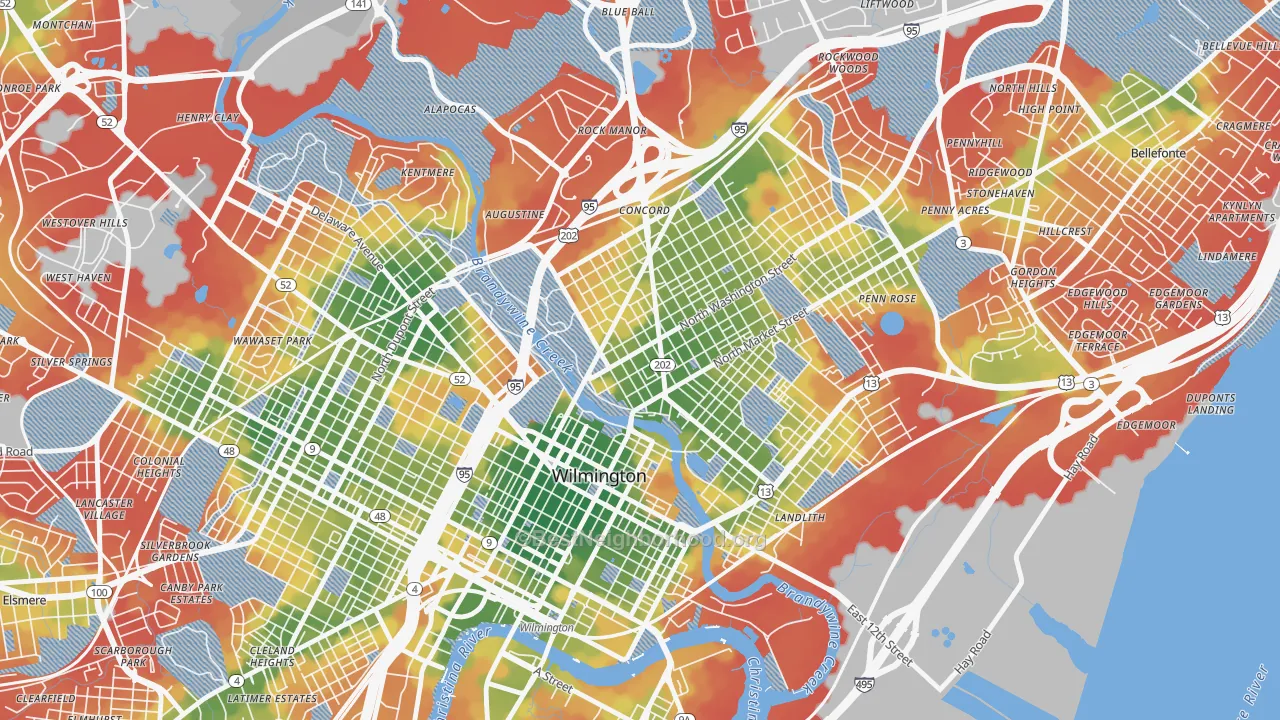 Walk Grade map of Brandywine Village, Wilmington, DE, walkable areas in green and car-dependent areas in red
