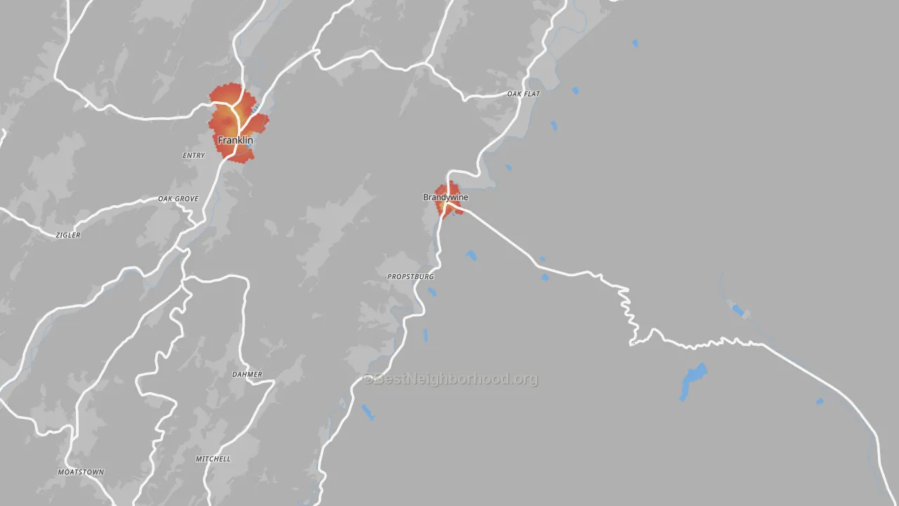 Walk Grade map of Brandywine, WV, walkable areas in green and car-dependent areas in red