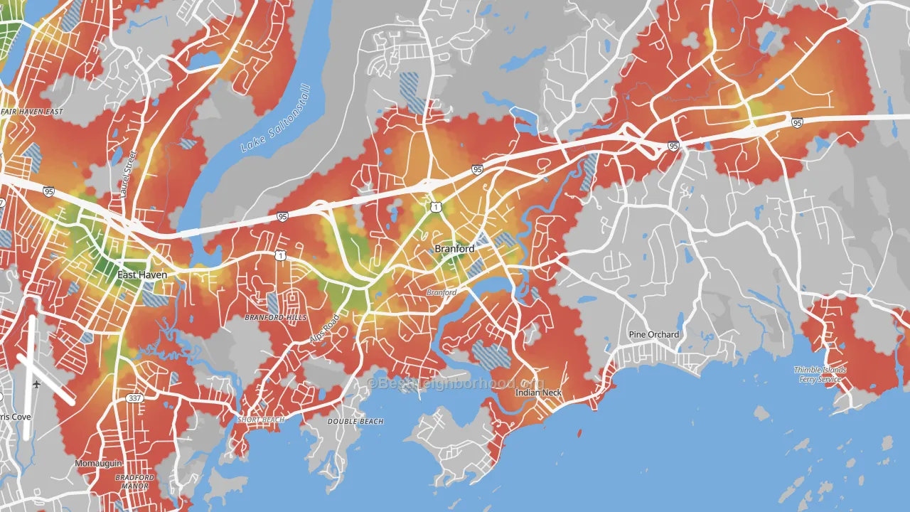 Walk Grade map of Branford Center, CT, walkable areas in green and car-dependent areas in red