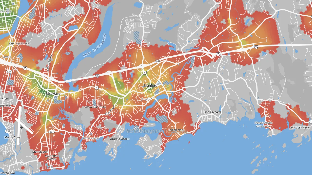 Walk Grade map of Branford, CT, walkable areas in green and car-dependent areas in red