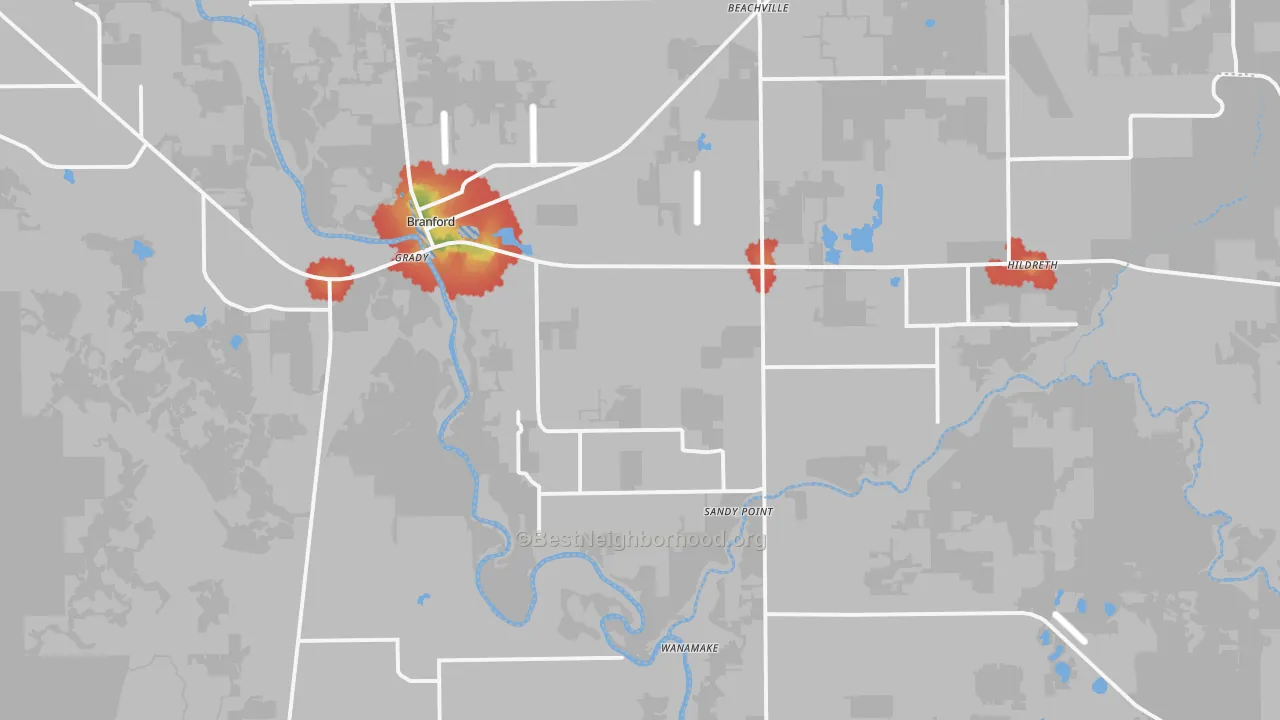 Walk Grade map of Branford, FL, walkable areas in green and car-dependent areas in red