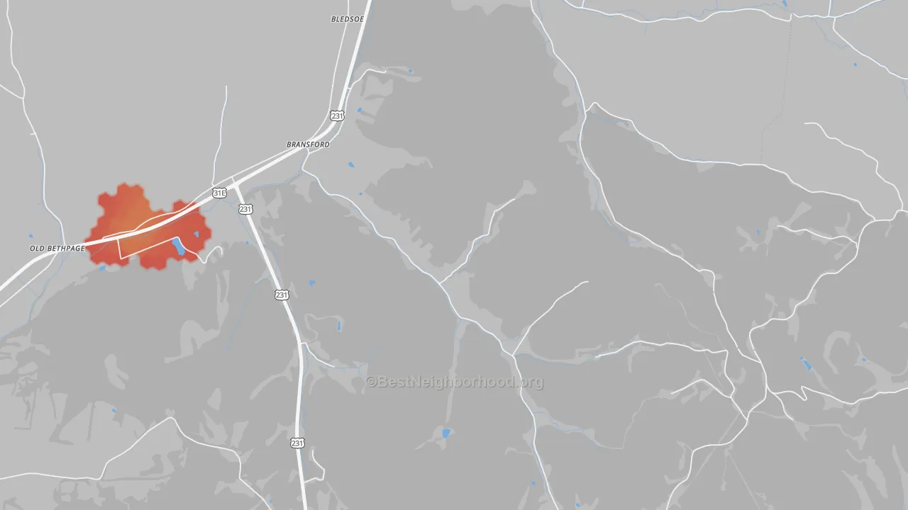 Walk Grade map of Bransford, TN, walkable areas in green and car-dependent areas in red